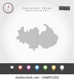 Dots Map of Pavlovsky Posad, Moscow Oblast. Simple Silhouette of Pavlovsky Posad. Vector Compass. Multicolored Map Markers. Vector Illustration.