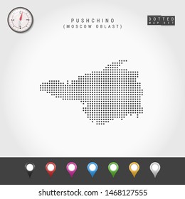 Dots Map of Pushchino, Moscow Oblast. Simple Silhouette of Pushchino. Vector Compass. Multicolored Map Markers. Vector Illustration.