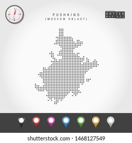 Dots Map of Pushkino, Moscow Oblast. Simple Silhouette of Pushkino. Vector Compass. Multicolored Map Markers. Vector Illustration.