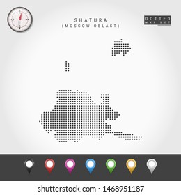 Dots Map of Shatura, Moscow Oblast. Simple Silhouette of Shatura. Vector Compass. Multicolored Map Markers. Vector Illustration.