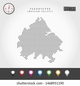 Dots Map of Yegoryevsk, Moscow Oblast. Simple Silhouette of Yegoryevsk. Vector Compass. Multicolored Map Markers. Vector Illustration.