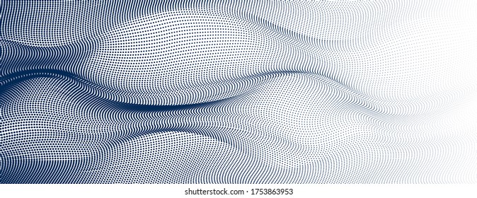 Dots mesh grid particles flow abstract vector background, modern trendy style dotted rhythmic abstraction, science and technology theme illustration.