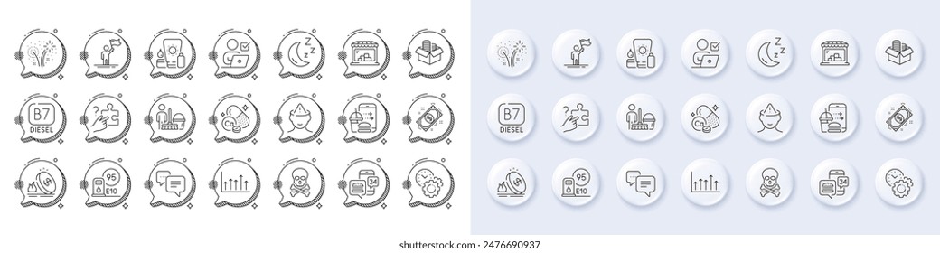 Dots message, Calcium mineral and Search puzzle line icons. White pin 3d buttons, chat bubbles icons. Pack of Fireworks, Sunscreen, Chemical hazard icon. Vector