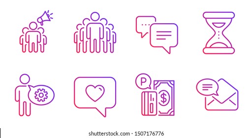 Dots message, Cogwheel and Brand ambassador line icons set. Parking payment, Group and Love message signs. Time, New mail symbols. Chat bubble, Engineering tool. Technology set. Vector