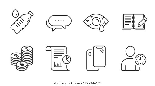 Dots message, Coins and Conjunctivitis eye line icons set. Report, Feedback and Time management signs. Water bottle, Smartphone symbols. Chat bubble, Cash money, Optometry clinic. Vector