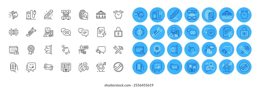 Dots message, Delivery and Bitcoin atm line icons pack. Refresh mail, Alarm clock, Info app web icon. Inventory cart, Online voting, Inspect pictogram. Bitcoin system, Sign out, Cursor. Vector