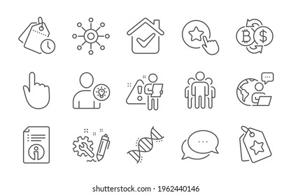 Dots message, Engineering and Loyalty tags line icons set. Hand click, User idea and Loyalty star signs. Time management, Chemistry dna and Group symbols. Line icons set. Vector