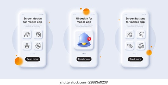 Dots message, Package location and Cash back line icons pack. 3d phone mockups with bell alert. Glass smartphone screen. Vinyl record, Chemistry lab, Documents web icon. Vector