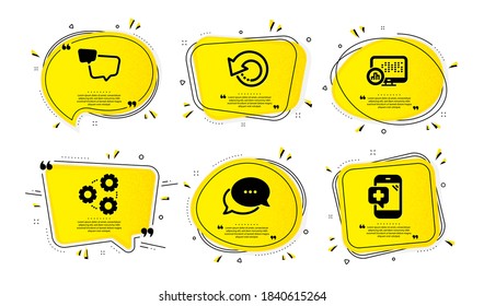 Mensaje de puntos, estadísticas de informes e iconos de engranajes conjunto simple. Burbujas de habla amarilla con efecto de punto. Datos de recuperación, burbuja de voz y señales telefónicas médicas. Vector