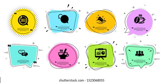 Dots message, Skin care and Presentation line icons set. Chat bubbles with quotes. Messenger, Coffee cup and Tea cup signs. Group, 360 degrees symbols. Chat bubble, Hand cream. Business set. Vector