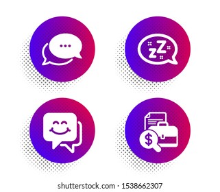 Dots message, Sleep and Smile face icons simple set. Halftone dots button. Accounting report sign. Chat bubble, Zzz bubble, Chat. Financial case. Technology set. Classic flat dots message icon. Vector