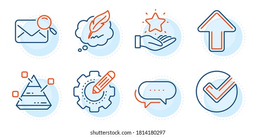 Dots message, Upload and Pyramid chart signs. Loyalty program, Copyright chat and Verify line icons set. Search mail, Settings gear symbols. Bonus star, Speech bubble. Technology set. Vector