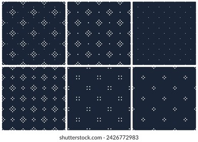 Dots motif white dimonds navy blue seamless backgrounds design. Vintage geometric vector ornament. Decorative all over print block for interior textile, web site, wallpaper, fabric, invitation card.