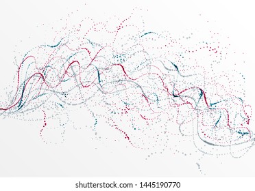 Dots particles flowing array vector abstract background, biology science theme design, dynamic elements in motion.