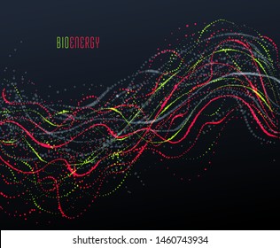 Dots particles flowing array vector abstract background, biology science theme design, dynamic elements in motion.