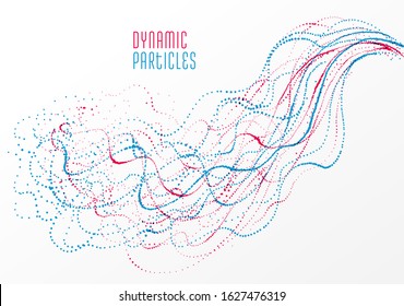 Dots particles flowing array vector abstract background, biology science theme design, dynamic elements in motion.