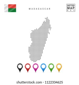 Dots Pattern Map of Madagascar. Stylized Simple Silhouette of Madagascar. The National Flag of Madagascar. Set of Multicolored Map Markers. Vector Illustration Isolated on White Background.