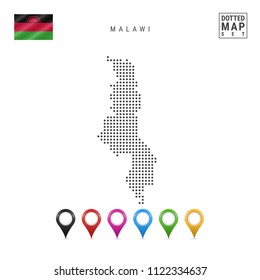 Dots Pattern Map of Malawi. Stylized Simple Silhouette of Malawi. The National Flag of Malawi. Set of Multicolored Map Markers. Vector Illustration Isolated on White Background.