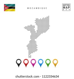 Dots Pattern Map of Mozambique. Stylized Simple Silhouette of Mozambique. The National Flag of Mozambique. Set of Multicolored Map Markers. Vector Illustration Isolated on White Background.