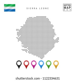 Dots Pattern Map of Sierra Leone. Stylized Simple Silhouette of Sierra Leone. The National Flag of Sierra Leone. Set of Multicolored Map Markers. Vector Illustration Isolated on White Background.