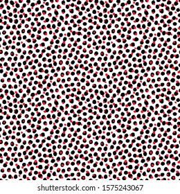 Dots pattern. Seamless texture background. Trendy irregular design. Painted brush strokes polka dot. Chaotic hand drawn artistic tile. Abstract art fashionable fabric. Vector black white red textile. 