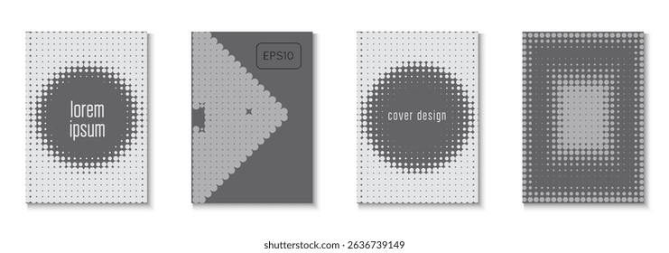 Dots Pattern Set. Greyscale Graphic Poster. Business Cover. Brand White And Grey  Flyer. Modern Shapes In Tech Layout. Young Hipster Design On Annual Page. Black Dots Pattern