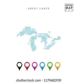 Dots Pattern Vector Map of All the Great Lakes. Stylized Simple Silhouette All of the Great Lakes. Set of Multicolored Map Markers. Illustration Isolated on White Background.