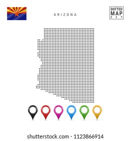 Dots Pattern Vector Map of Arizona. Stylized Simple Silhouette of Arizona. The Flag of the State of Arizona. Set of Multicolored Map Markers. Illustration Isolated on White Background.