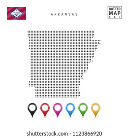 Dots Pattern Vector Map of Arkansas. Stylized Simple Silhouette of Arkansas. The Flag of the State of Arkansas. Set of Multicolored Map Markers. Illustration Isolated on White Background.