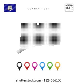Dots Pattern Vector Map of Connecticut. Stylized Simple Silhouette of Connecticut. The Flag of the State of Connecticut. Set of Multicolored Map Markers. Illustration Isolated on White Background.
