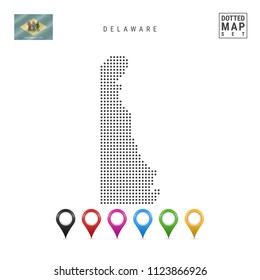 Dots Pattern Vector Map of Delaware. Stylized Simple Silhouette of Delaware. The Flag of the State of Delaware. Set of Multicolored Map Markers. Illustration Isolated on White Background.