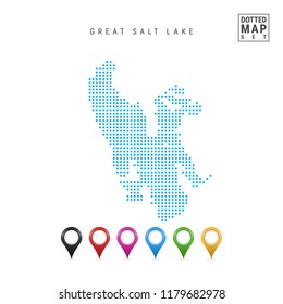 Dots Pattern Vector Map of Great Salt Lake, Utah. Stylized Simple Silhouette of Great Salt Lake. Set of Multicolored Map Markers. Illustration Isolated on White Background.