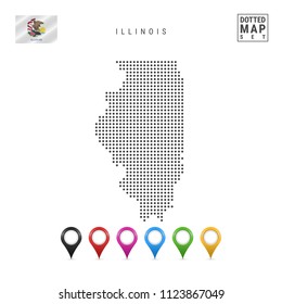 Dots Pattern Vector Map of Illinois. Stylized Simple Silhouette of Illinois. The Flag of the State of Illinois. Set of Multicolored Map Markers. Illustration Isolated on White Background.