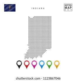 Dots Pattern Vector Map of Indiana. Stylized Simple Silhouette of Indiana. The Flag of the State of Indiana. Set of Multicolored Map Markers. Illustration Isolated on White Background.