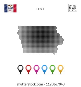 Dots Pattern Vector Map of Iowa. Stylized Simple Silhouette of Iowa. The Flag of the State of Iowa. Set of Multicolored Map Markers. Illustration Isolated on White Background.