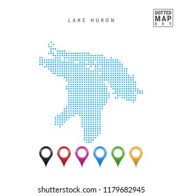 Dots Pattern Vector Map of Lake Huron. Stylized Simple Silhouette of Lake Huron. Set of Multicolored Map Markers. Illustration Isolated on White Background.