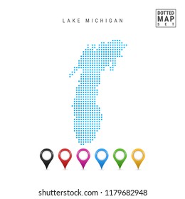 Dots Pattern Vector Map of Lake Michigan. Stylized Simple Silhouette of Lake Michigan. Set of Multicolored Map Markers. Illustration Isolated on White Background.