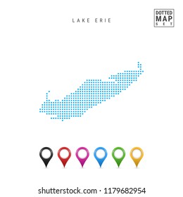 Dots Pattern Vector Map of Lake Erie. Stylized Simple Silhouette of Lake Erie. Set of Multicolored Map Markers. Illustration Isolated on White Background.