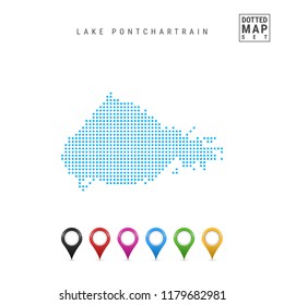 Dots Pattern Vector Map of Lake Pontchartrain, Louisiana. Stylized Simple Silhouette of Lake Pontchartrain. Set of Multicolored Map Markers. Illustration Isolated on White Background.