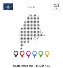 Dots Pattern Vector Map of Maine. Stylized Simple Silhouette of Maine. The Flag of the State of Maine. Set of Multicolored Map Markers. Illustration Isolated on White Background.