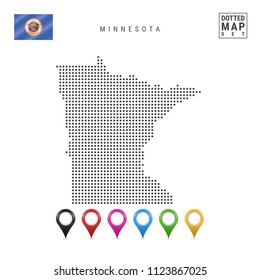 Dots Pattern Vector Map of Minnesota. Stylized Simple Silhouette of Minnesota. The Flag of the State of Minnesota. Set of Multicolored Map Markers. Illustration Isolated on White Background.