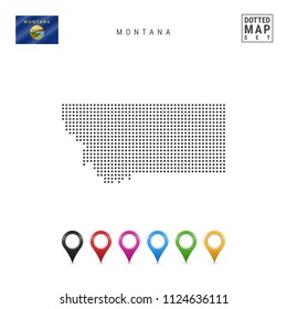 Dots Pattern Vector Map of Montana. Stylized Simple Silhouette of Montana. The Flag of the State of Montana. Set of Multicolored Map Markers. Illustration Isolated on White Background.