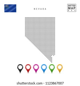 Dots Pattern Vector Map of Nevada. Stylized Simple Silhouette of Nevada. The Flag of the State of Nevada. Set of Multicolored Map Markers. Illustration Isolated on White Background.