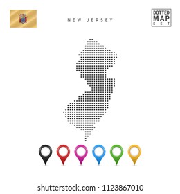 Dots Pattern Vector Map of New Jersey. Stylized Simple Silhouette of New Jersey. The Flag of the State of New Jersey. Set of Multicolored Map Markers. Illustration Isolated on White Background.