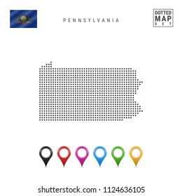 Dots Pattern Vector Map of Pennsylvania. Stylized Simple Silhouette of Pennsylvania. The Flag of the State of Pennsylvania. Set of Multicolored Map Markers. Illustration Isolated on White Background.