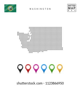 Dots Pattern Vector Map of Washington. Stylized Simple Silhouette of Washington. The Flag of the State of Washington. Set of Multicolored Map Markers. Illustration Isolated on White Background.