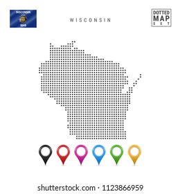 Dots Pattern Vector Map of Wisconsin. Stylized Simple Silhouette of Wisconsin. The Flag of the State of Wisconsin. Set of Multicolored Map Markers. Illustration Isolated on White Background.
