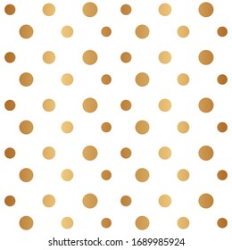 Dots polka. Gold seamless pattern. Geometric background polka dots. Endless backdrop with golden circles. Modern stylish texture. Design for fabric, wallpapers, wrappings paper, gift wrappers, prints
