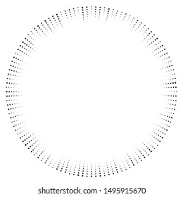 Dots radial burst lines. Irregular lines, half-tone beams, rays. Radiating, converging trail lines. Circular array of dotted lines