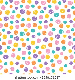 Dots seamless pattern with children crayon drawings. Doodle, chalk drawn background with small circles for wrapping paper, textile, kids tissue. Vector illustration